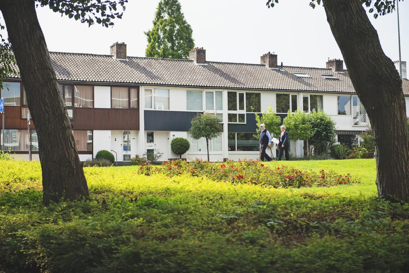 achterkant van witte rijtjes huizen met zicht op hun achtertuintjes