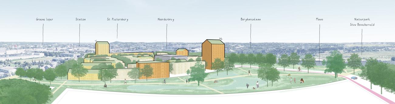 Getekend panoramabeeld van nieuwe buurt Limmel aan de Maas met tekst erop