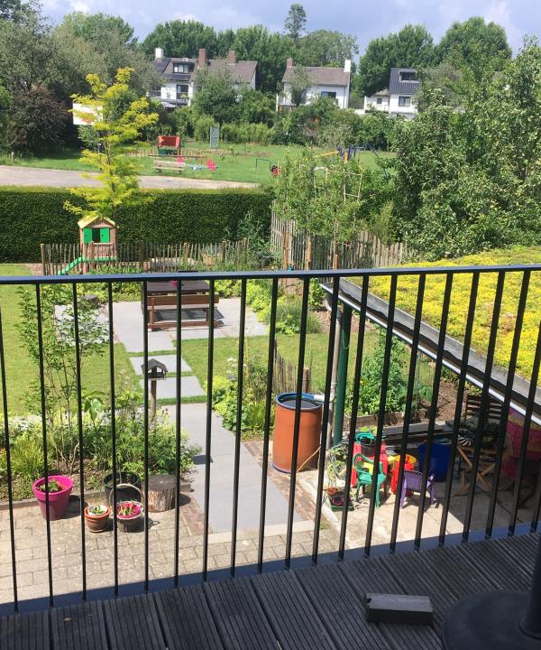 afbeelding van reling en groen dak en uitzicht op tuin met gras en planten