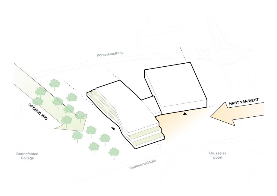 Tekening volume school en sporthal Eenhoornsingel