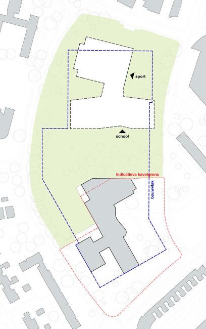 Tekening bouwvlak school en sporthal Eenhoornsingel