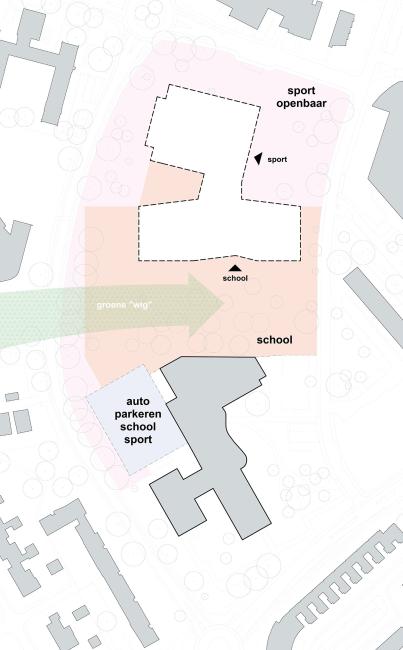 Tekening situatie zonering school en sporthal Eenhoornsingel
